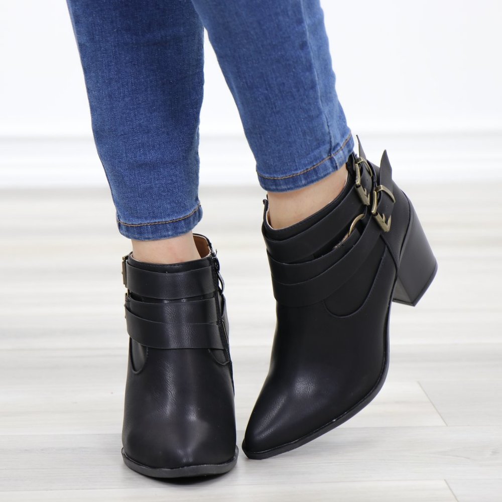 Pointy Toe Black Ankle Boots w/ Buckles - Picture 10 of 12